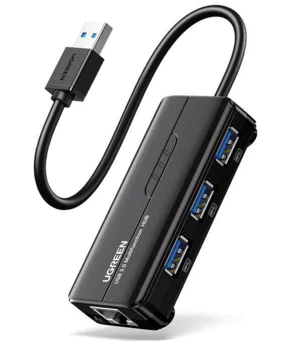 UGREEN USB Type-A Male to Ethernet Adapter with 3-Port USB Hub – Black