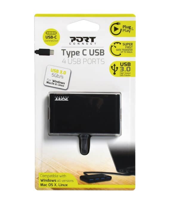 Port USB Type-C to 4 x USB3.0 5Gbps 30cm 4 Port Hub - Black