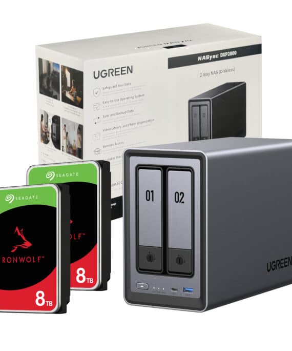 UGreen NASync DXP2800 2 Bay NAS with Seagate Ironwolf NAS 16TB SATA Hard Drive Bundle (2x 8TB)